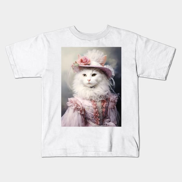 Long Haired White Cat in Rose Hat Kids T-Shirt by kansaikate